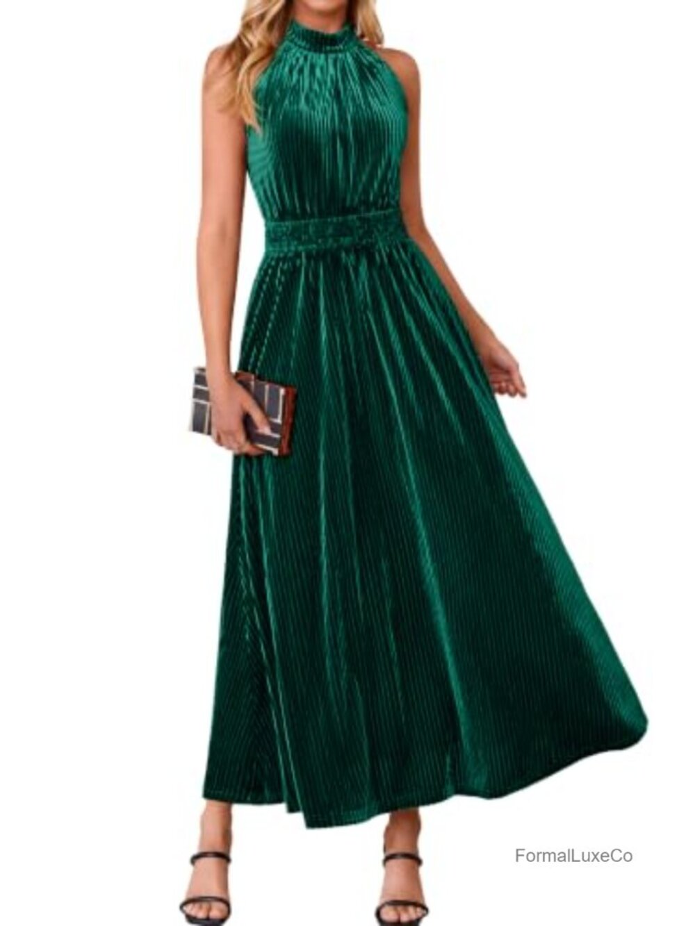 Simplee Velvet Halter Neck Semi Formal A-Line Maxi Dress